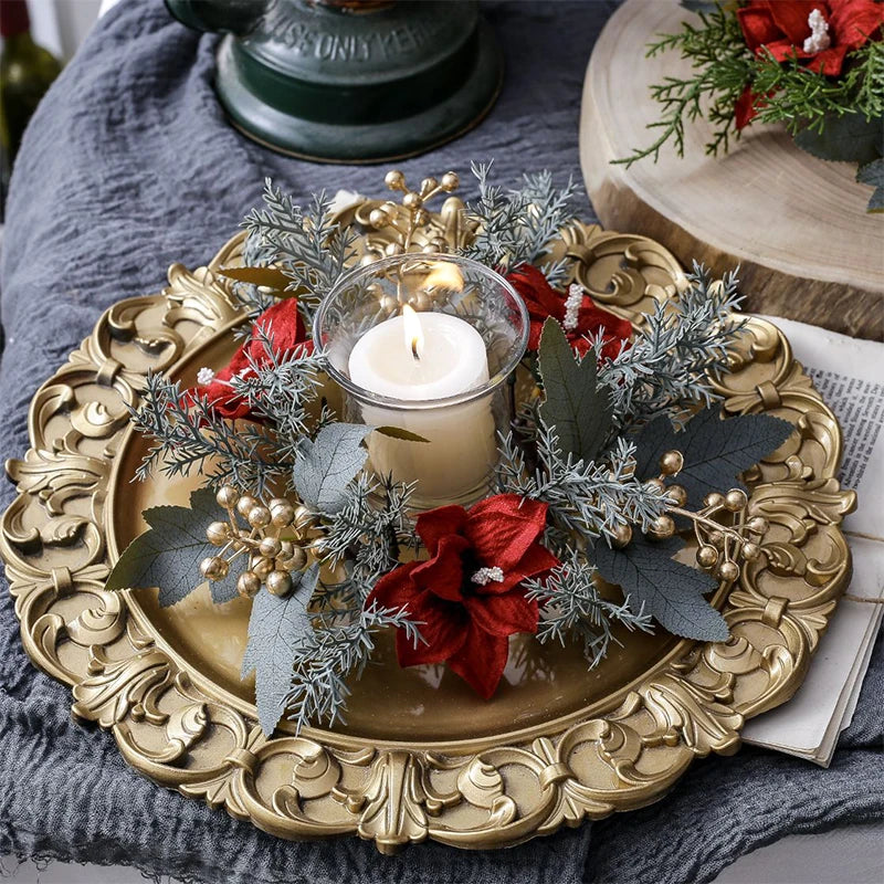 Artificial Flower Candle Wreath 25CM Romantic Candle Rings Wedding Party Supplies Green Leaf Candlestick Wreath Christmas Decor