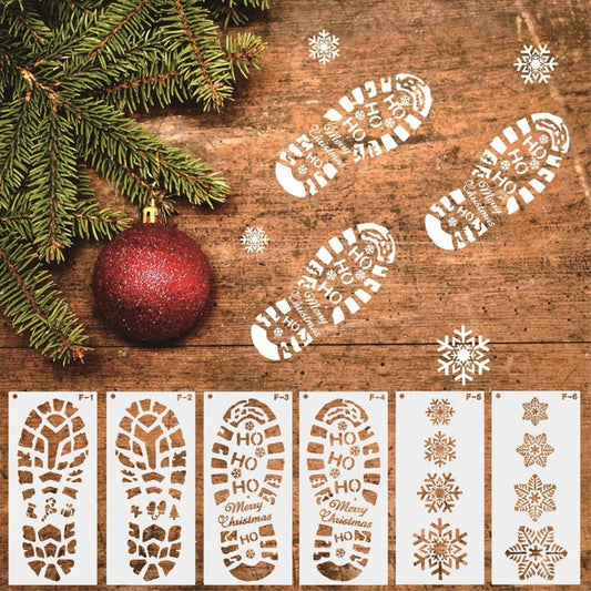 6pcs Christmas Footprint Snowflake Stencil Santa Claus Footprint Painting Template Scrapbook Coloring Embossing Album Xmas Decor