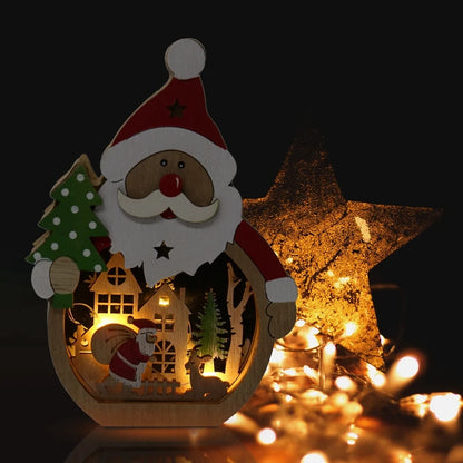 Merry Christmas Gift LED Luminous Shape Wooden Ornaments Happy New Year Decor