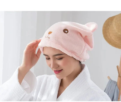 Super Absorbent Hair Drying Bath Towel Cap Cute Cartoon Bear Microfibre Soft Dry Hair Wrap Bathroom Accessories Bonnets