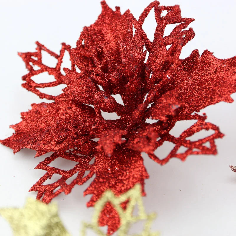 (10pcs) Artificial Christmas Tree Flower Glitter Decorations Xmas Ornaments New Year Gift