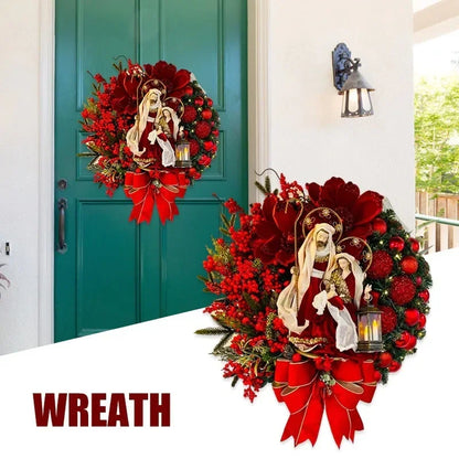 2024 Christmas Wreath With Lamp Bow Ball Big Red Flower Party Wall Door Window Fireplace Staircase Balcony Garden Wreath