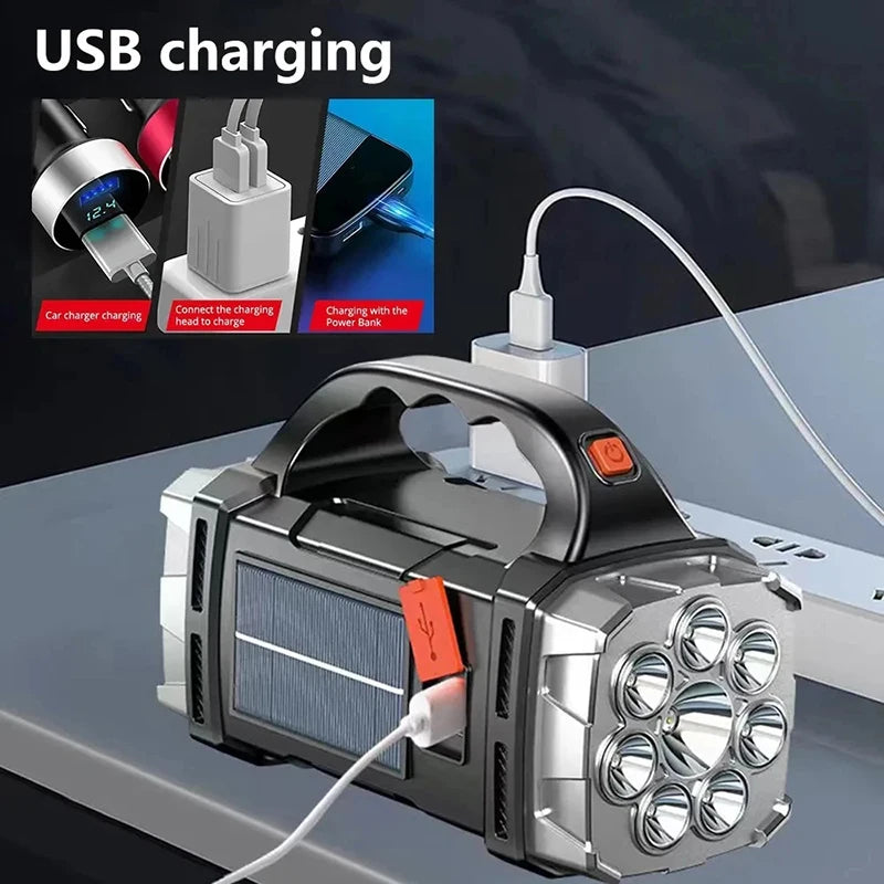 Portable USB Rechargeable Solar LED Flashlight with COB Work Light, 4-Mode Mobile Charging Camping Lamp