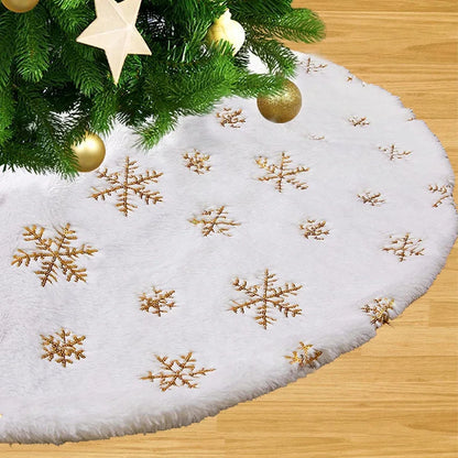 38CM Plush Christmas Tree Skirt White Snowflakes Faux Fur Xmas Trees Skirts Base Cover New Year Navidad Party Decoration Carpet