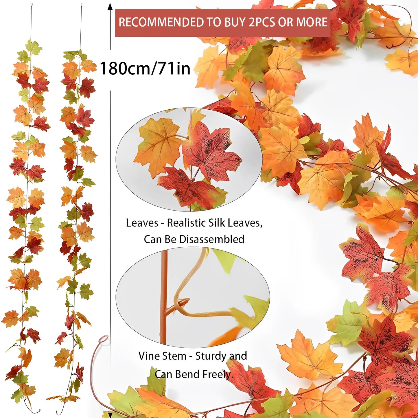 Artificial Autumn Maple Leaf Wreath Fake Plant Decoration Maple Leaf Vine Home Room Thanksgiving Halloween Wedding Decoration