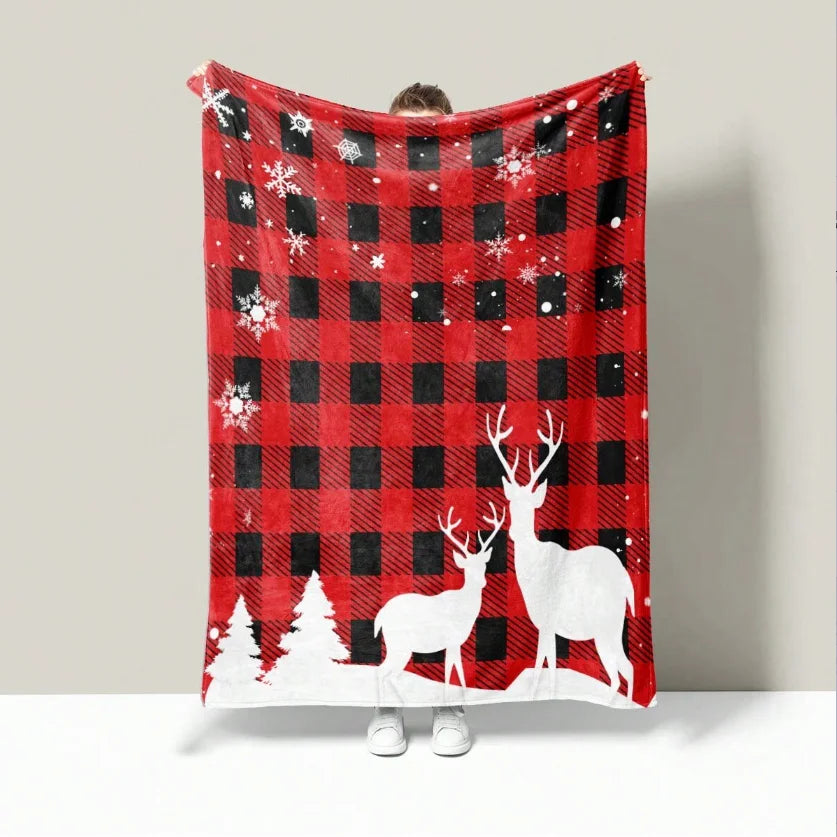 1pc Red and Black Checkered Elk Christmas Theme Flannel Blanket, Soft Cozy,For Travel Sofa Bed Office Home Decor,All Season