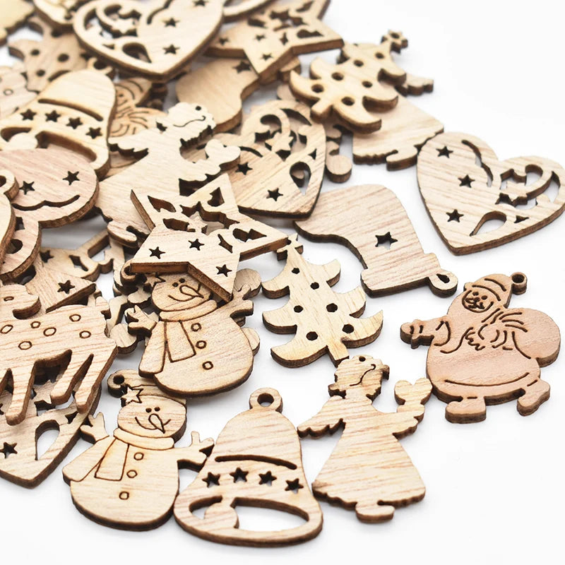 50Pcs Christmas Natural Wooden Chip Santa Claus Snowflake Christmas Tree Hanging Ornaments Pendant Navidad Decoration DIY Craft