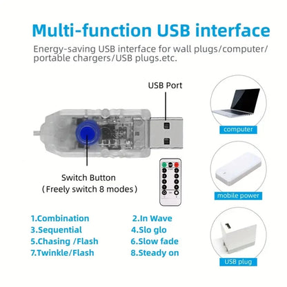 1PC 198 LED Star Waterfall Lights With 8 Modes USB Powered & Remote-Control Camping Light Indoor Outdoor Christmas String Lights