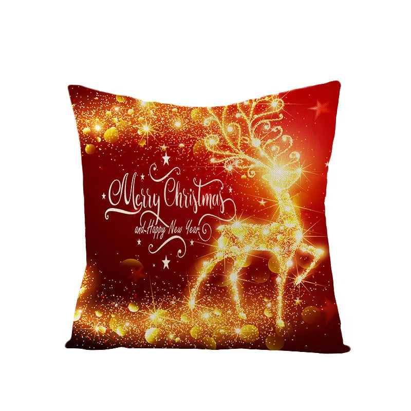 Christmas Cushion Cover 45X45cm Linen Pillowcovers Sofa Cushions Golden Pillowcase Home Decorative Throw Pillows Happy New Year