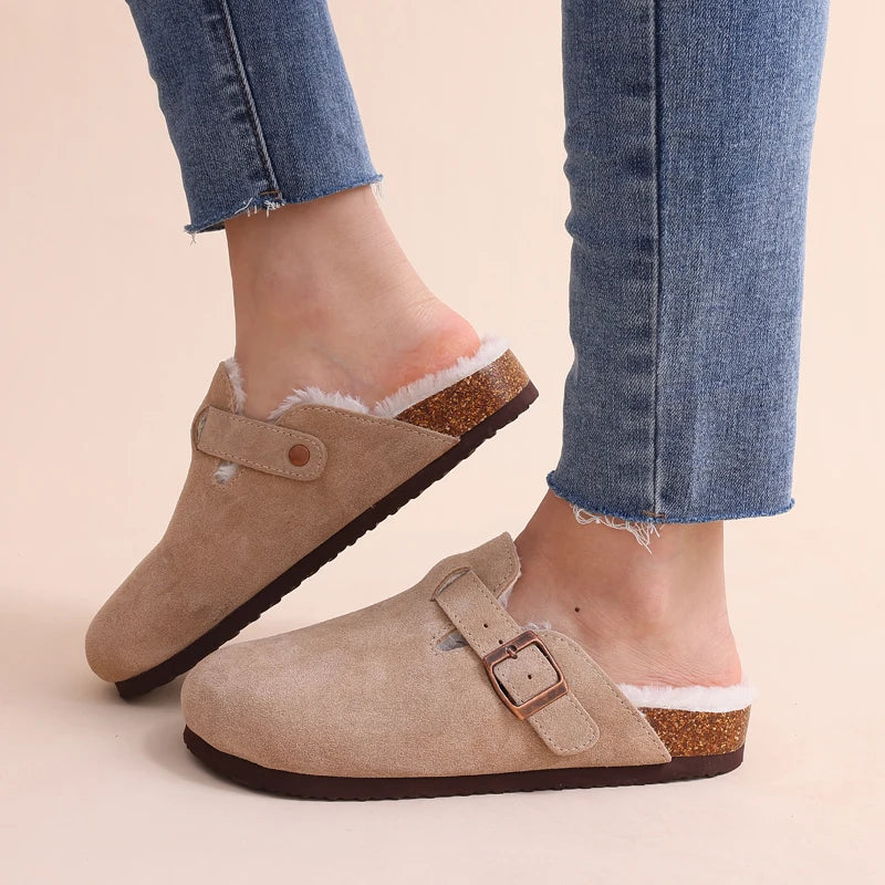 Pallene Cork Suede Clogs For Women Classic Beach Sandals Fur Suede Slippers Fuzzy Cork Mules Men Comfort Winter House Fur Clogs