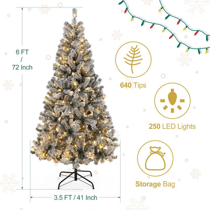 6FT Snow Flocked Christmas Tree, Pre-lit Artificial Xmas Tree with 640 Branches Tips Foldable Metal Stand for Christmas Decor