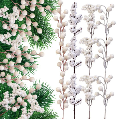 Christmas Berries Branch Fake Plants Flowers Artificial White Holly Berry Stamen Wreath Ornaments for Xmas Tree Party Home Decor