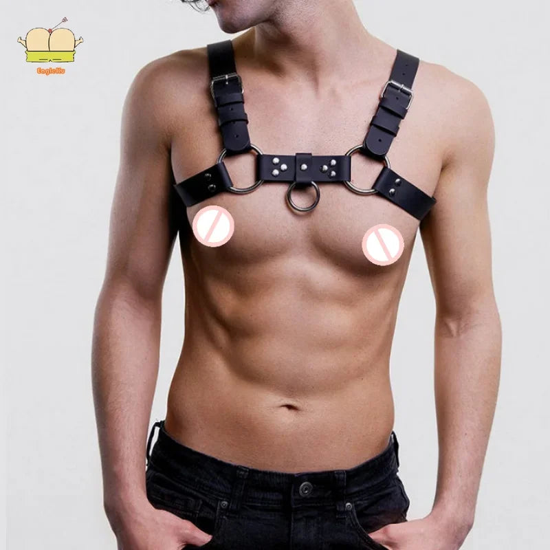 Genuine PU Men's Sexy Bondage Restraints Leather Belt Chest Straps Harness Gay Buckles Punk Rave Clubwear Toys For Man