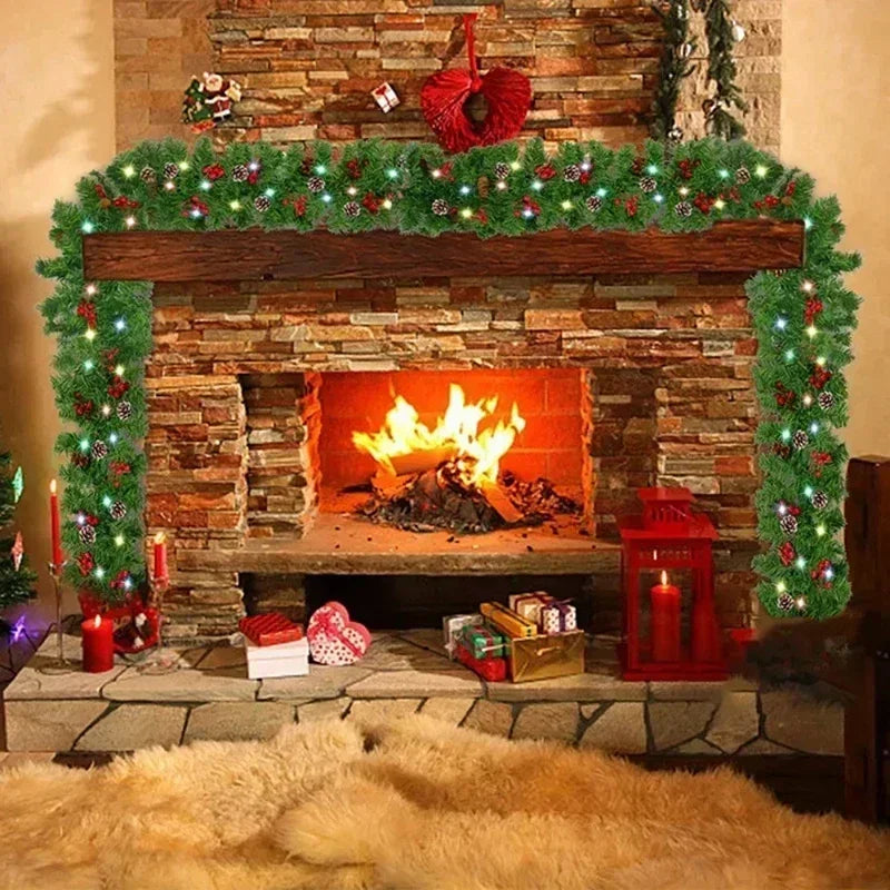 Christmas Rattan Garland Decorative Staircase Fireplace Christmas Decoration Xmas Tree Rattan Banner Stair Wreaths with Light