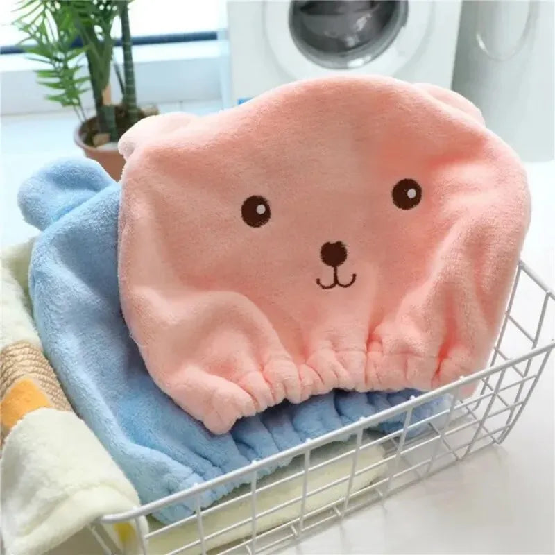 Super Absorbent Hair Drying Bath Towel Cap Cute Cartoon Bear Microfibre Soft Dry Hair Wrap Bathroom Accessories Bonnets