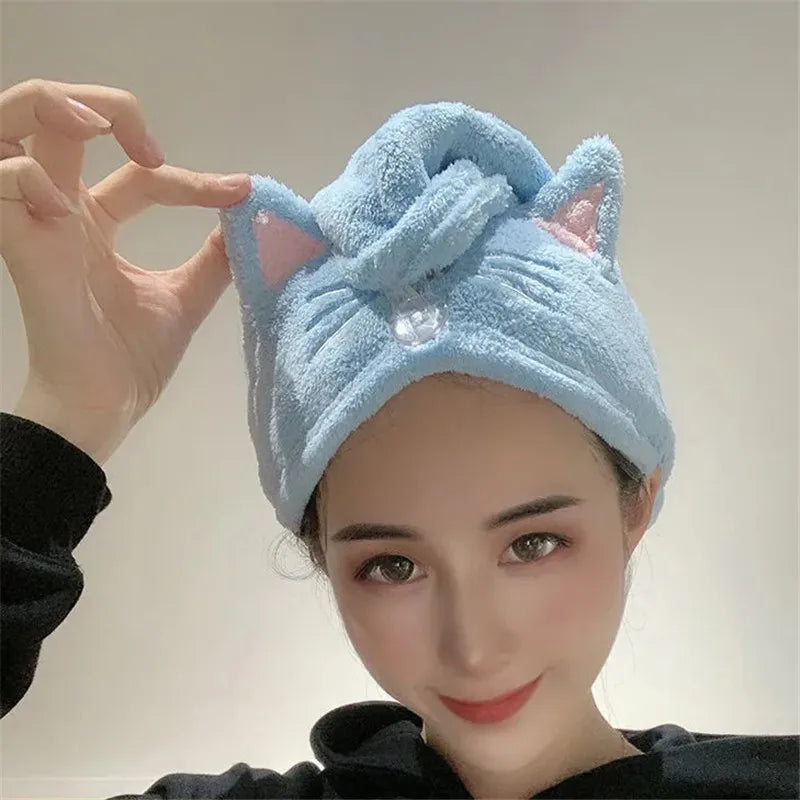 Cute Cat Hair Cap Microfiber Hair Towel Long Hair Quick Dry Hat Bath Towel Strong Water Absorbent Women Wrap Wiping Hair Towel