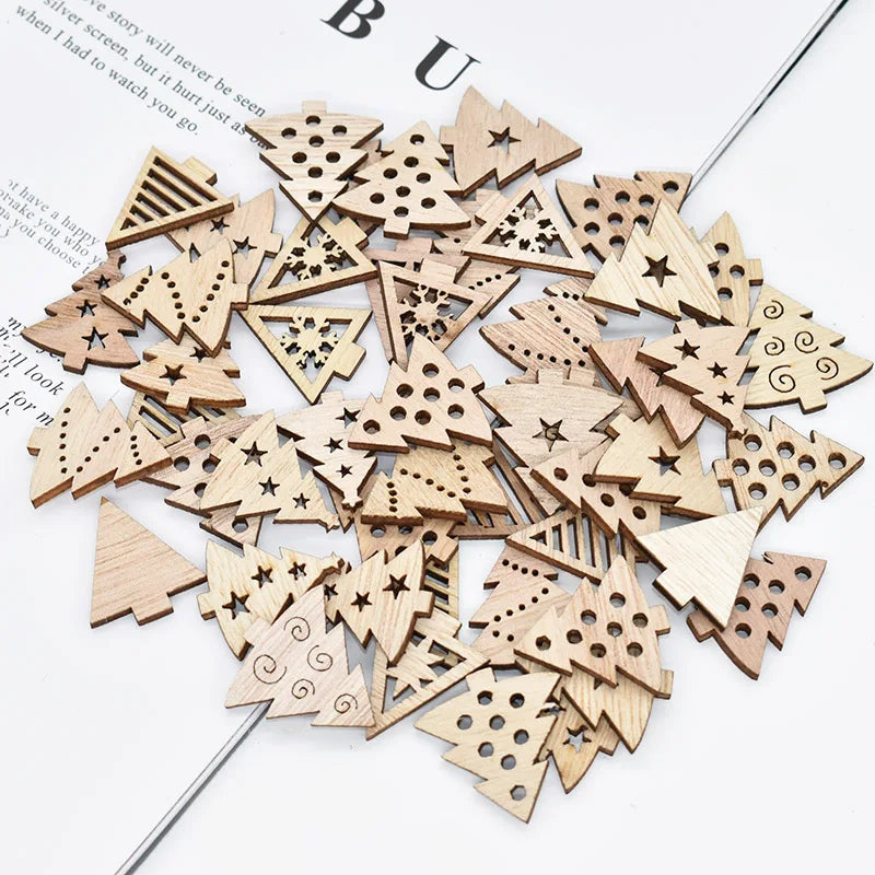 50Pcs Christmas Natural Wooden Chip Santa Claus Snowflake Christmas Tree Hanging Ornaments Pendant Navidad Decoration DIY Craft