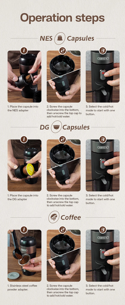 HiBREW Portable Coffee Machine for Car & Home,DC12V Expresso Coffee Maker Fit Nexpresso Dolce Pod Capsule Coffee Powder H4A