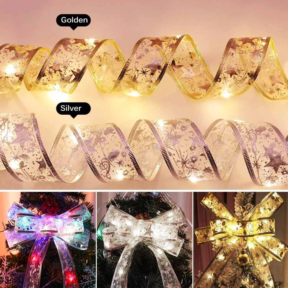 Christmas Ribbon Fairy Light Christmas Decoration Bows String Light Tree Ornaments for Home Xmas Decor