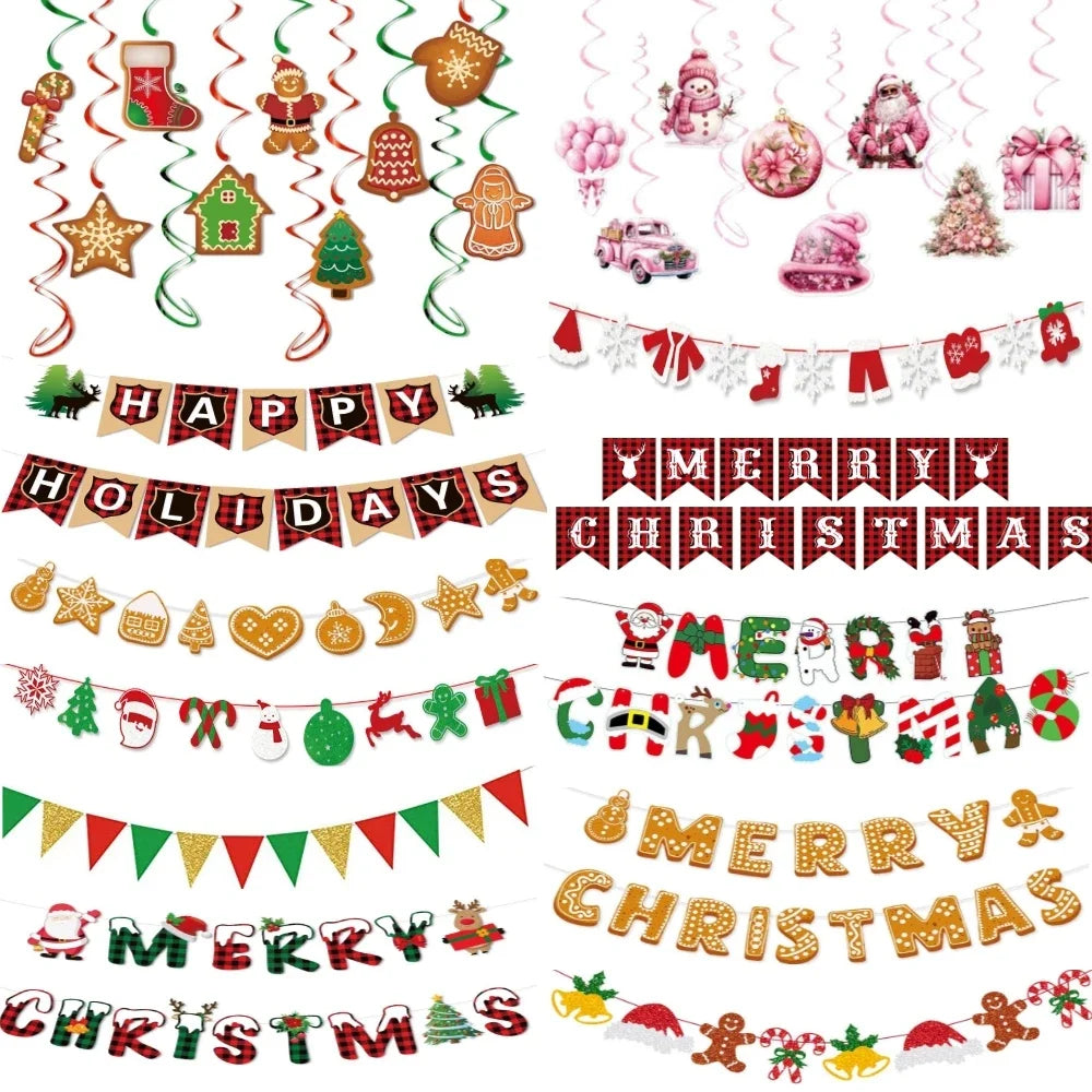 Christmas Hanging Banner Garland Bunting Santa Claus Snowflakes Flag Banner Merry Christmas Party Decoration Gift