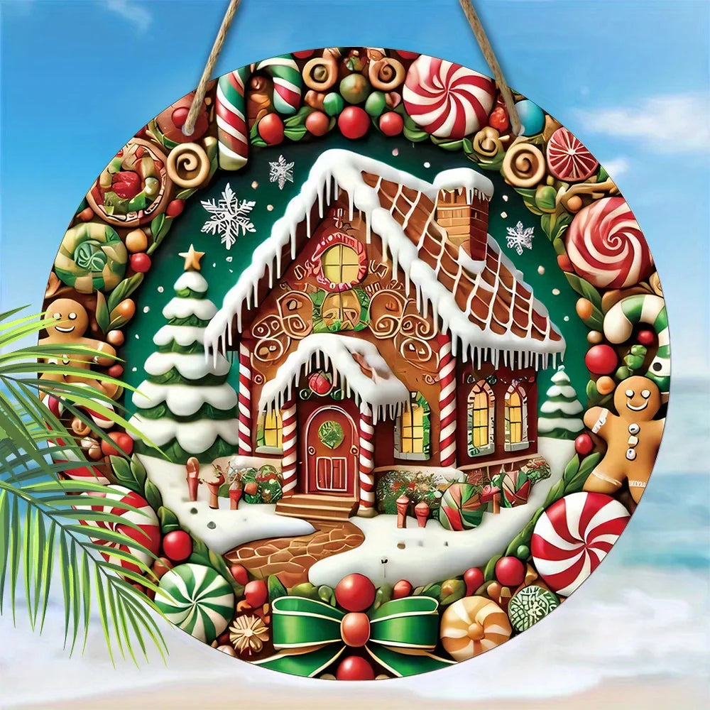 1pc 2D Merry Christmas Brown Gingerbread Candy House Xmas Snowflake Christmas Tree Wood Porch Wreath Hanging Print Retro Sign