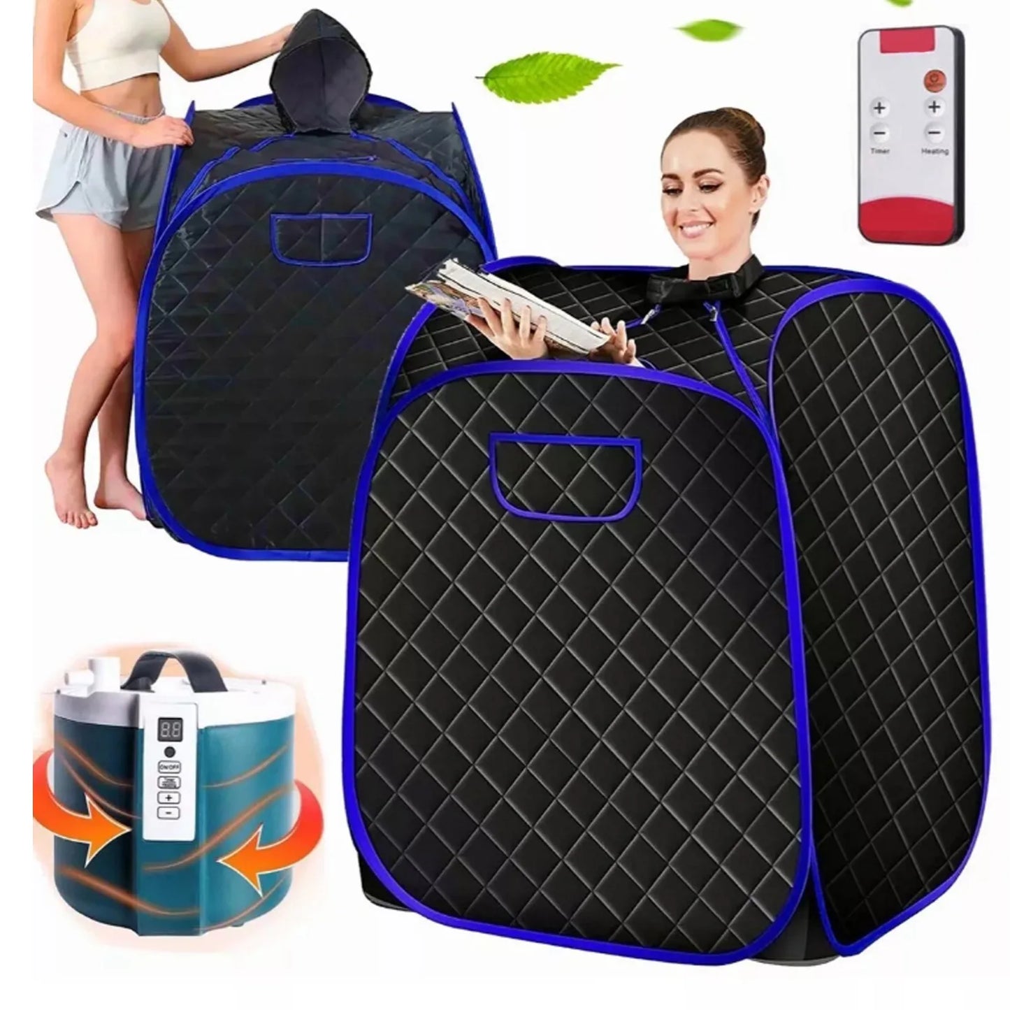 Portable Steam Sauna Tent Full Size Personal Steam Sauna Personal Home Spa with Remote Control Black with Blue Edge