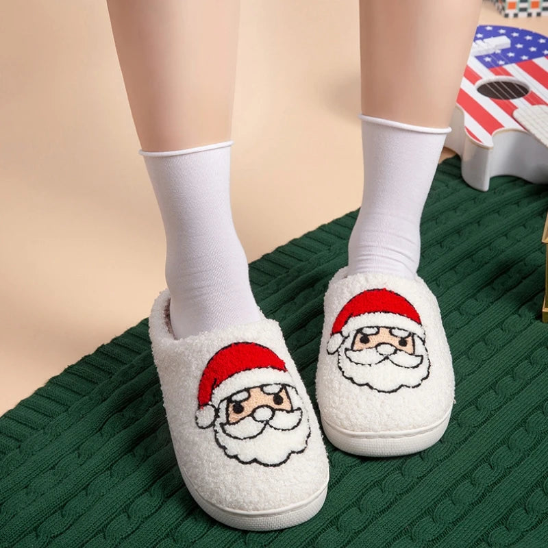 Fashion Christmas Slippers Women Home Winter Cute Cartoon Sandals Men Warm Non-slip Flat Slides Couple Soft Christmas Shoes