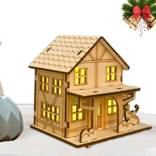 Christmas Rustic Cottage Building Model DIY Crafts Wooden Cabin Collectible Figurines with LED Lights Christmas Decorations Home