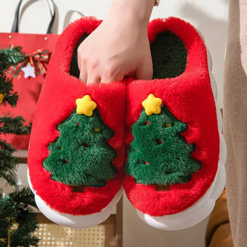 Cute Christmas Tree Women's Home Fluffy Slippers Cartoon Winter House Warm Shoes Designer Flat Casual New Year's Gift