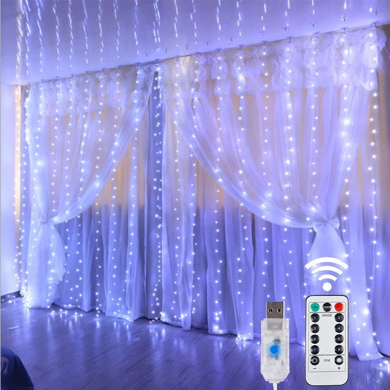 LED Curtain String Lights Christmas Garland Decor Fairy Light 8 Modes USB Remote Control Wedding Holiday Party for Bedroom Home