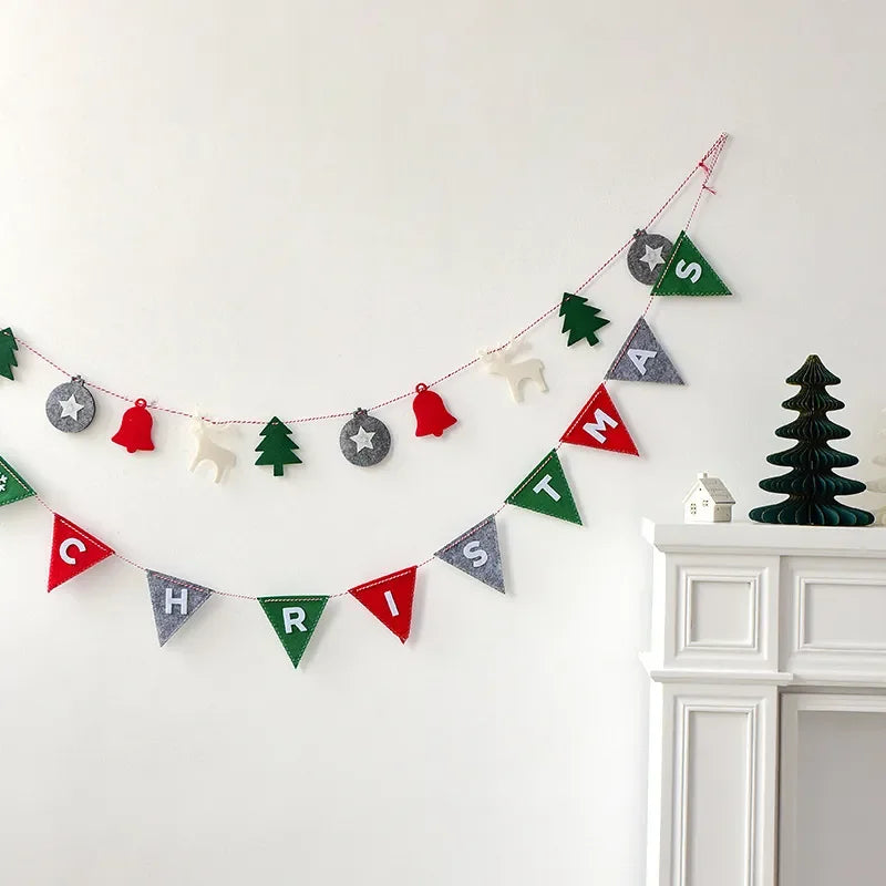 Merry Christmas Banner Wool Felt Triangle Flag Garland Xmas Tree Hanging Ornaments For Home Decorations New Year Party Supplies