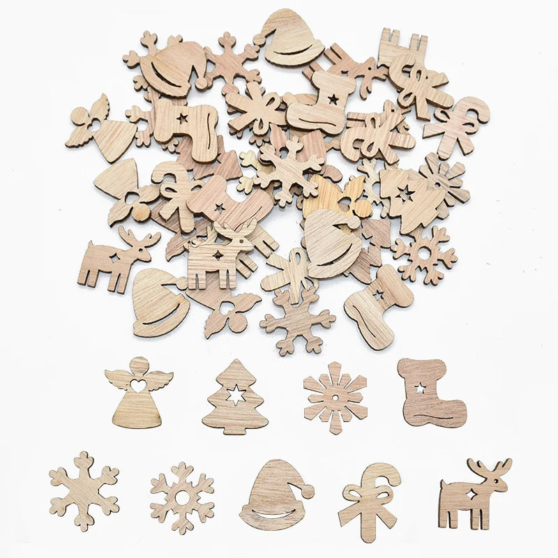 50Pcs Christmas Natural Wooden Chip Santa Claus Snowflake Christmas Tree Hanging Ornaments Pendant Navidad Decoration DIY Craft