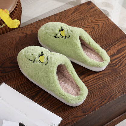 Christmas Plush Slippers Women Winter Warm Cute Home Green Haired Monster Slippers Funny Non Slip Cotten Shoes New Year Gift