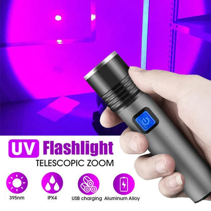 395nm UV Blacklight Flashlight, Zoomable USB Rechargeable Ultraviolet Light for Pet Urine Detection and Resin Curing