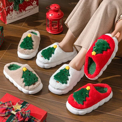 Cute Christmas Tree Women's Home Fluffy Slippers Cartoon Winter House Warm Shoes Designer Flat Casual New Year's Gift