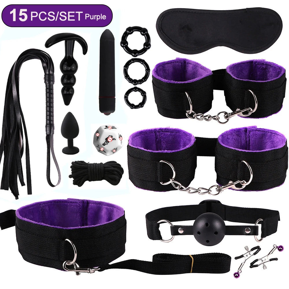 Sex Toys Nylon BDSM Kit Plush Sex Bondage Sex Toys for Women Set Handcuff Exotic Sex Games Whip Nipple Clamp Adult Sexy Toys 18