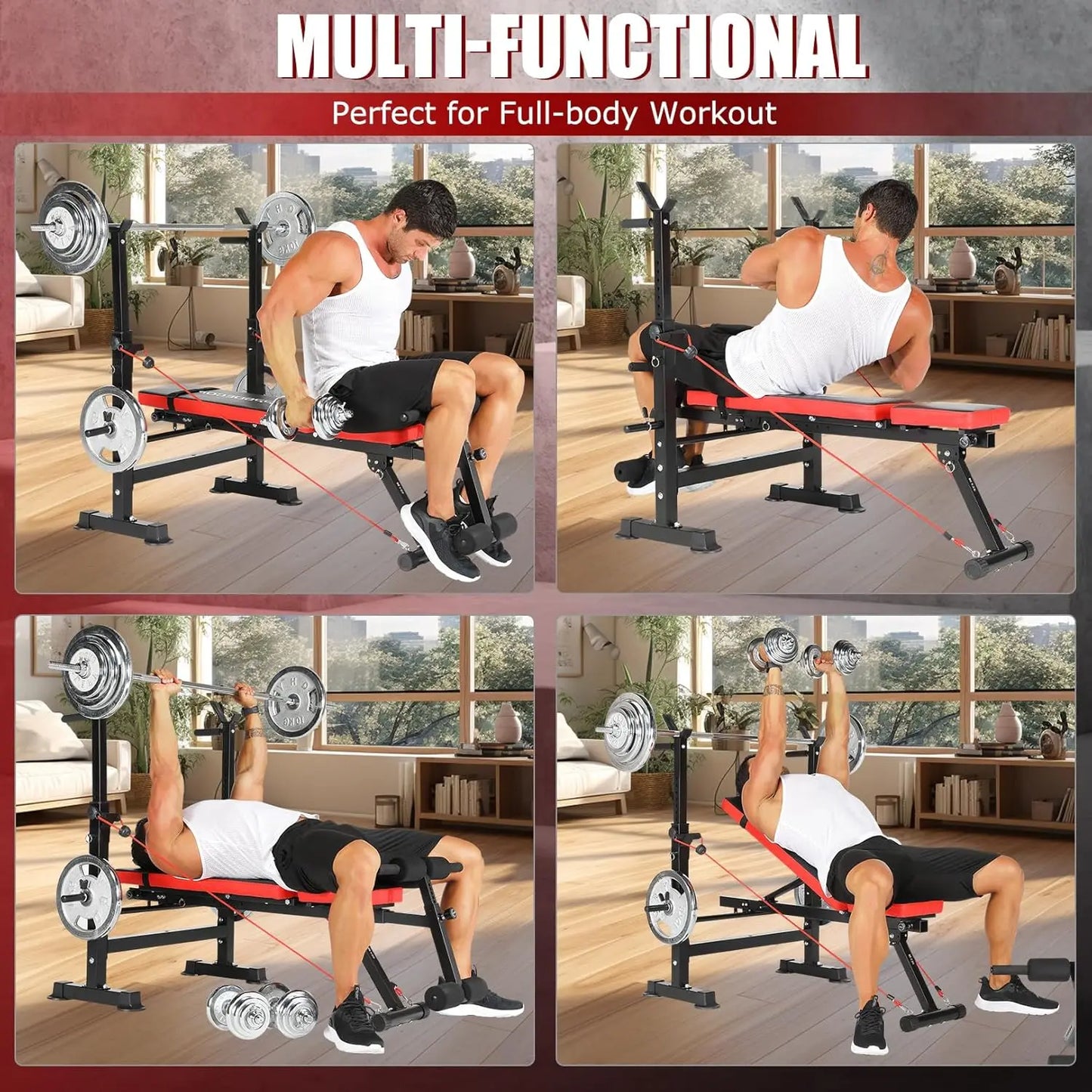 6 in 1 Weight Bench Set with Squat Rack Foldable Adjustable Bench Press Set with Removable Foot Catch Foldable Strengt