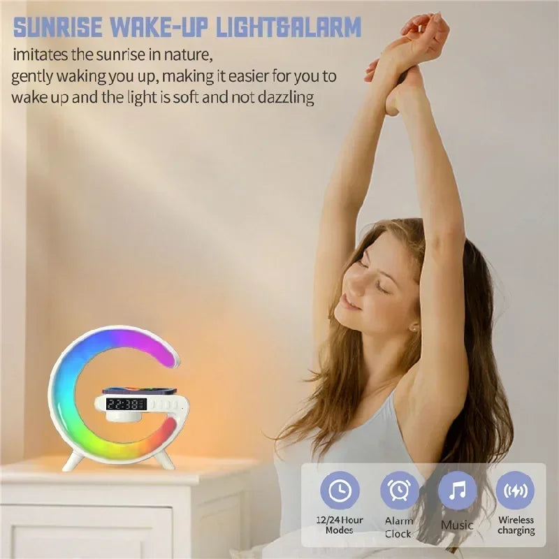 4-in-1 Wireless Charger Stand with RGB Light, Alarm Clock, and Speaker – Fast Charging Dock for iPhone, Samsung, Xiaomi