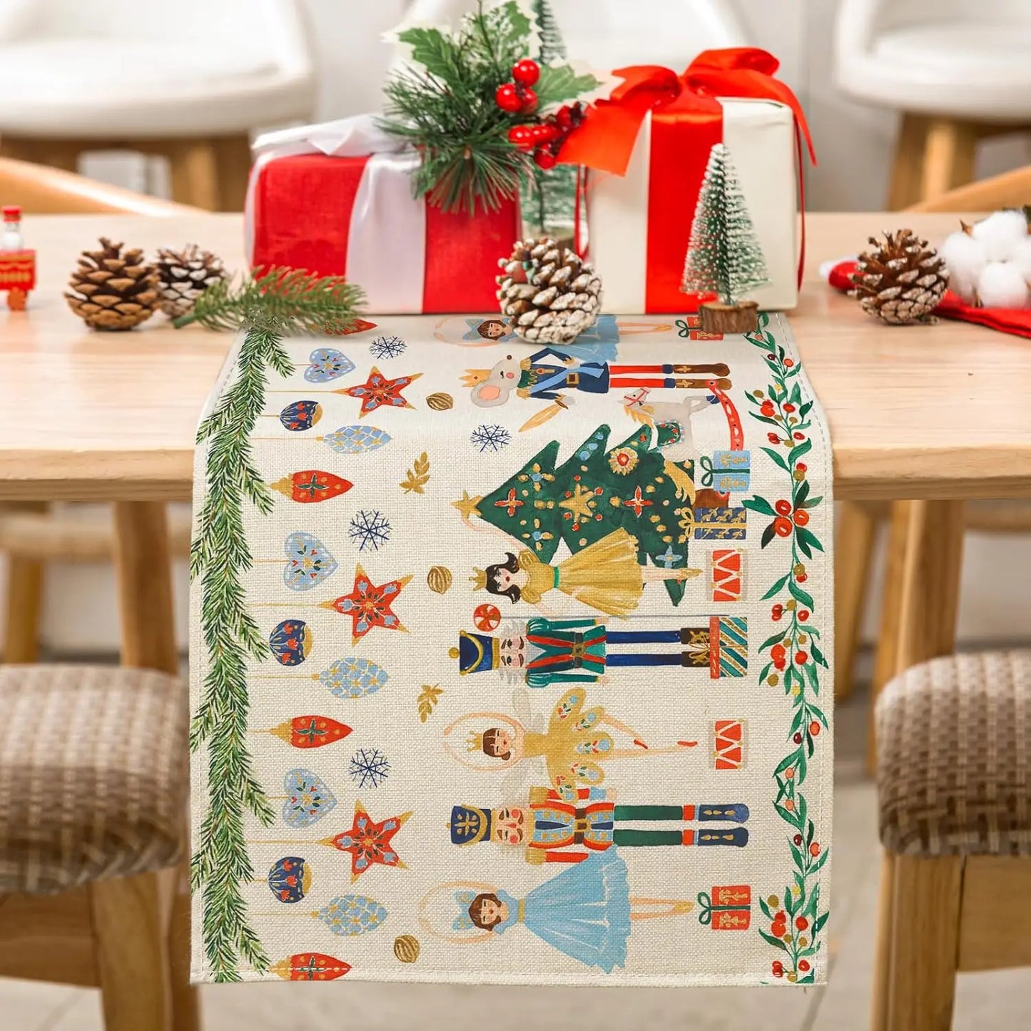 Christmas Nutcracker Linen Table Runner Winter Xmas Holiday Home Party Decor Kitchen Dining Table Decor Decorations