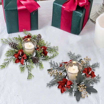 Christmas Candlestick Wreath Artificial Flowers Garland Candle Ring Xmas Table Decoration Candle Holder Wreath Xmas Home Decor