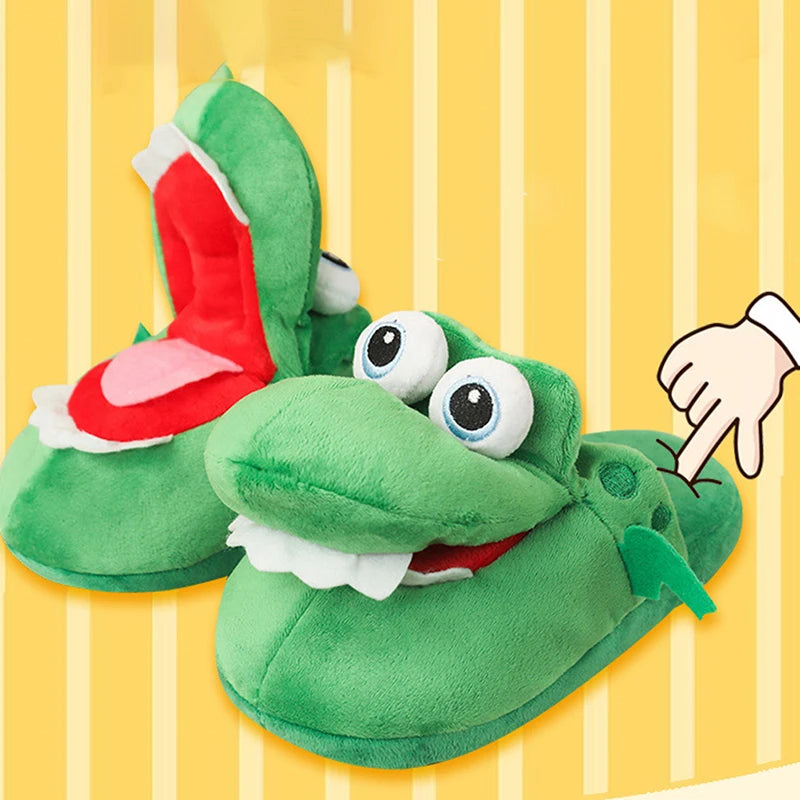 Cartoon Crocodile Cotton Slippers With Moving Mouth Funny Home Cotton Shoes Winter Walking Warm Christmas Gift For Men Women