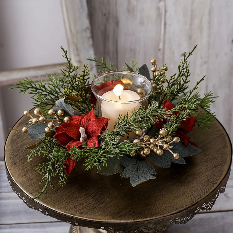 Christmas Candlestick Wreath Artificial Flowers Garland Candle Ring Xmas Table Decoration Candle Holder Wreath Xmas Home Decor