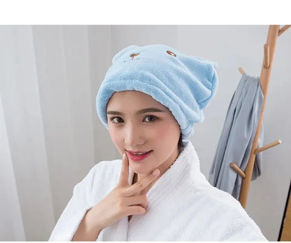 Super Absorbent Hair Drying Bath Towel Cap Cute Cartoon Bear Microfibre Soft Dry Hair Wrap Bathroom Accessories Bonnets