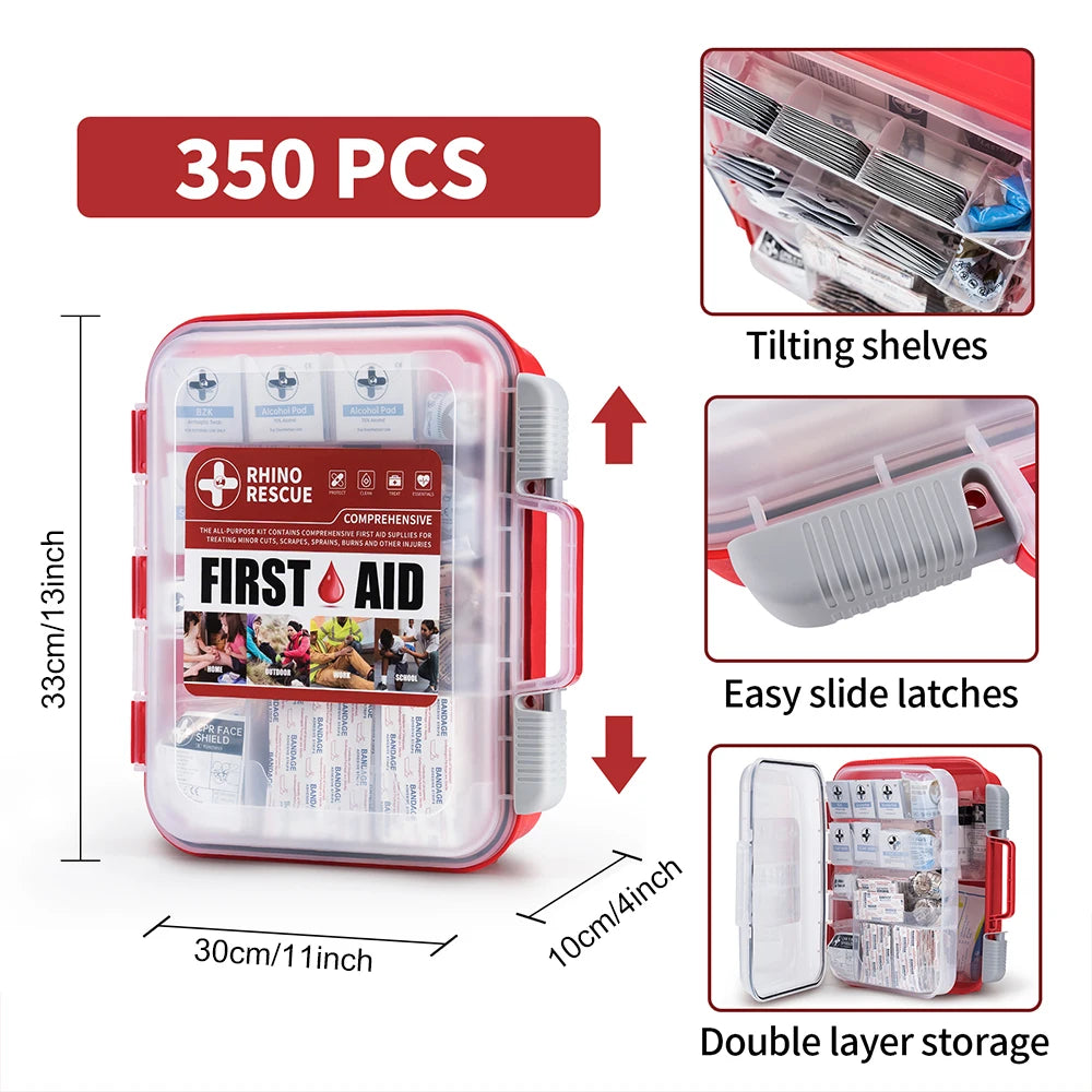 RHINO RESCUE 350 Pieces OSHA All-Purpose First Aid Kit, Home & Office Professional Medical Supplies,  for Emergency, School