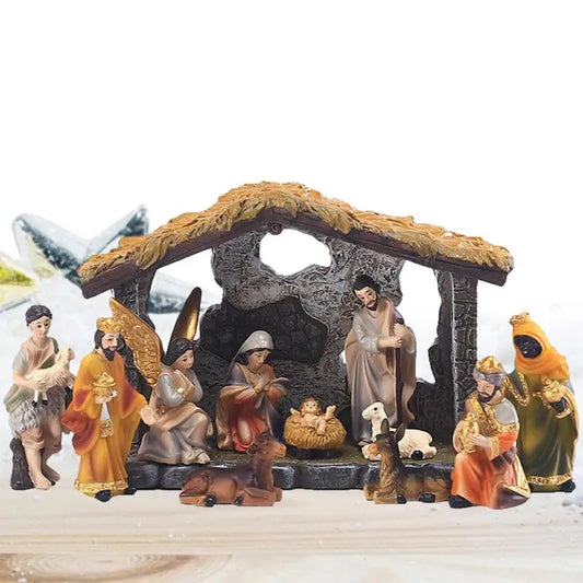 Nativity Manger Scene Set 12-pcs Resin Hand-painted Nativity Figurines Resin Crafts Statue For Home Tabletop Ornaments Christmas