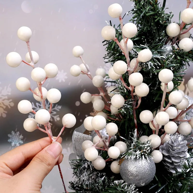 Christmas Berries Branch Fake Plants Flowers Artificial White Holly Berry Stamen Wreath Ornaments for Xmas Tree Party Home Decor