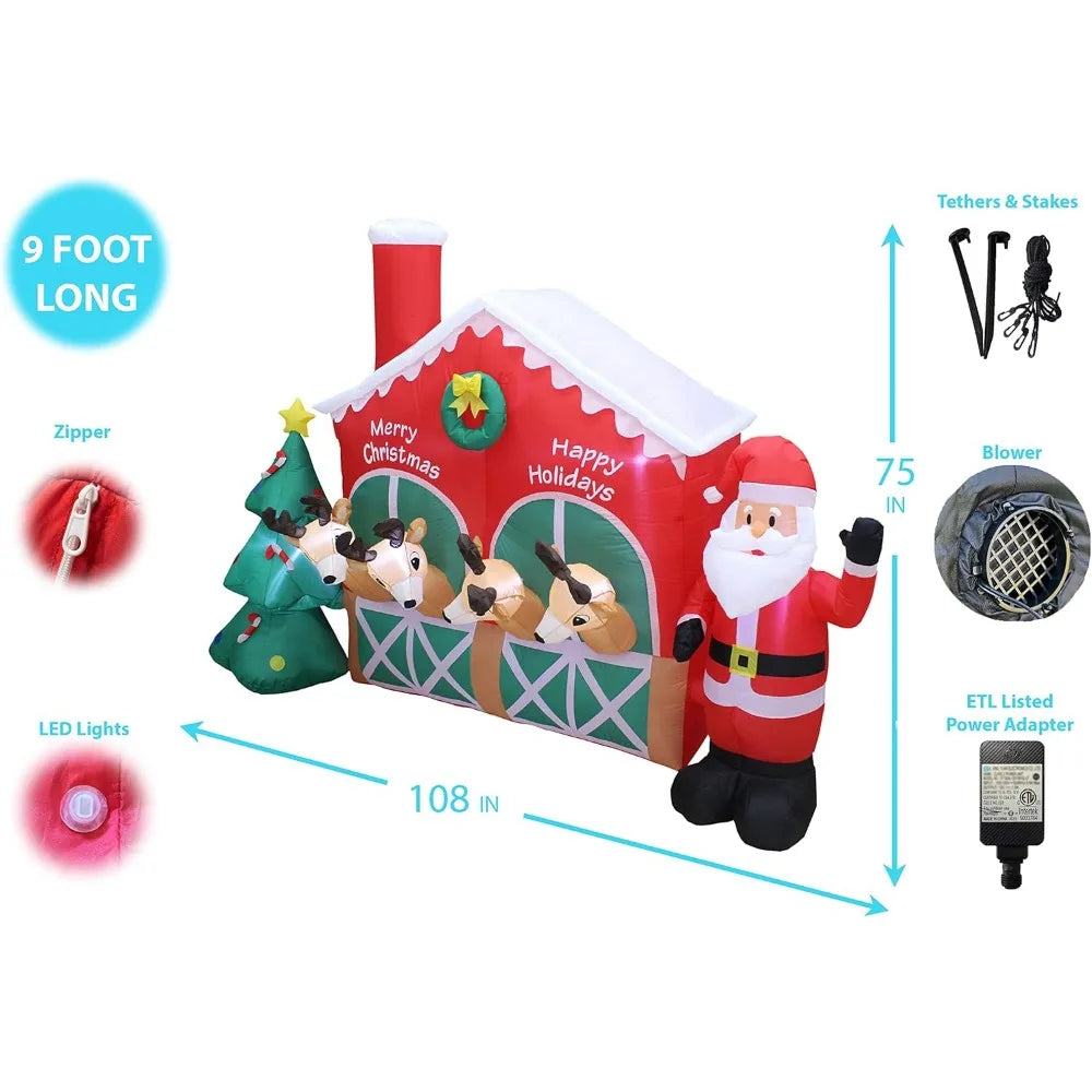 9 Foot Long Christmas Inflatable Santa Claus Reindeer in Stable with Christmas Tree Cute Lights Lighted Blowup Party Decoration