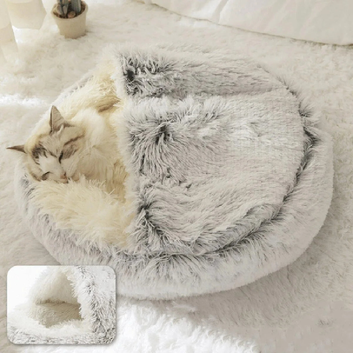 Plush Hooded Pet Bed Round Fluffy Soft Cat Bed Pet Cushion Warm Cat Dog 2 in 1 Sleeping Nest Cave for Small Dogs