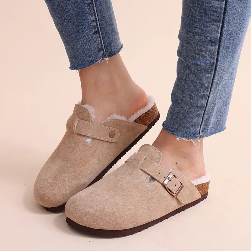 Pallene Cork Suede Clogs For Women Classic Beach Sandals Fur Suede Slippers Fuzzy Cork Mules Men Comfort Winter House Fur Clogs