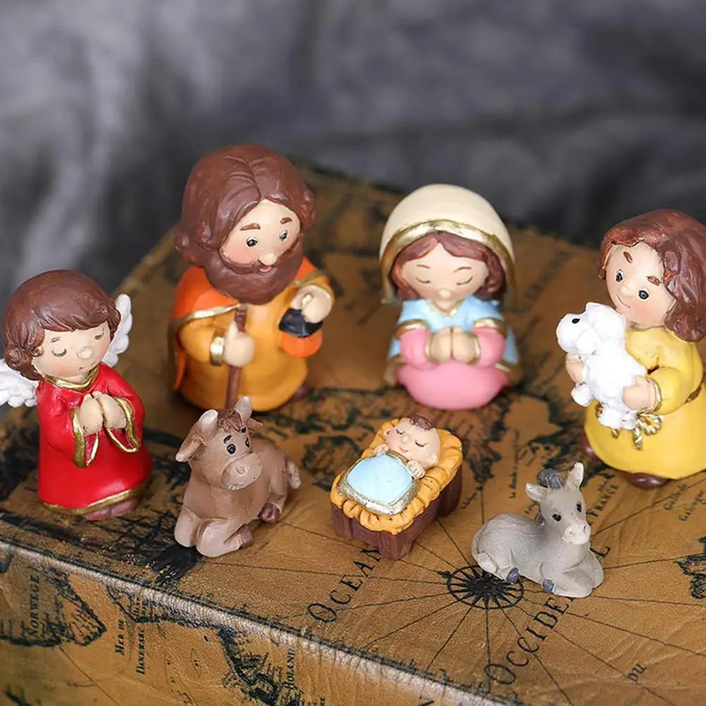 Nativity Sets for Christmas Resin Manger Scene Ornaments Jesus Figurines Sets Cute Cartoon Figures Nativity Statue Home Decor